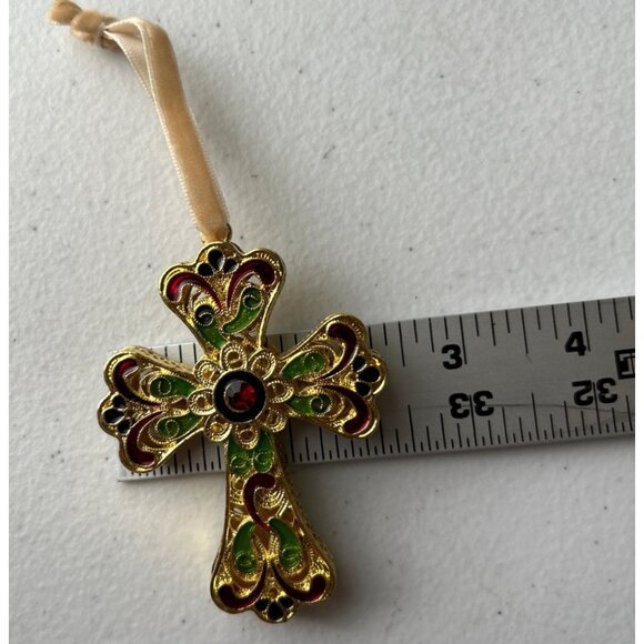 Pier 1 Imports Cloisonné Gold Tone Decorative Cross Ornament With Ribbon Hanger - Picture 8 of 8